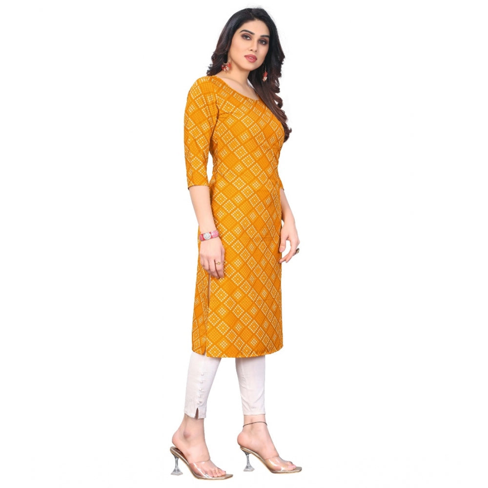 Amfyn Women's Casual 3/4th Sleeve Bandhani Printed Crepe Kurti (Yellow)