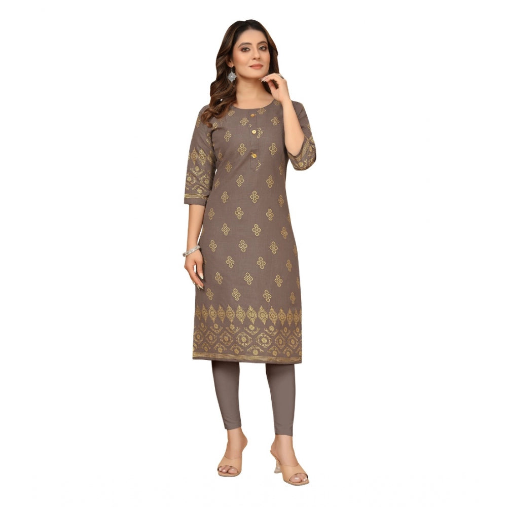 Amfyn Women's Casual 3/4th Sleeve Foil Gold Printed Ruby Cotton Kurti (Brown)