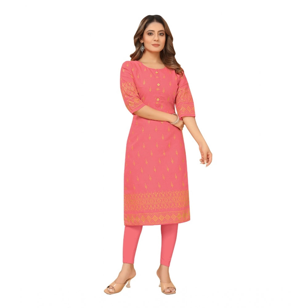 Amfyn Women's Casual 3/4th Sleeve Foil Gold Printed Ruby Cotton Kurti (Peach)