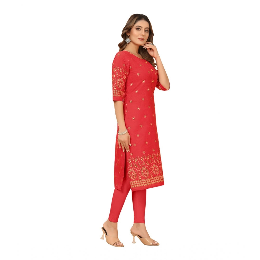 Amfyn Women's Casual 3/4th Sleeve Foil Gold Printed Ruby Cotton Kurti (Red)