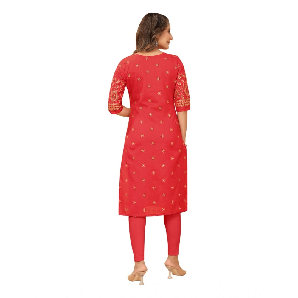 Amfyn Women's Casual 3/4th Sleeve Foil Gold Printed Ruby Cotton Kurti (Red)