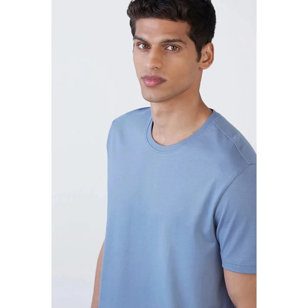 Amfyn Men's Casual Half sleeve Solid Polyester Crew Neck T-shirt (Light Blue)