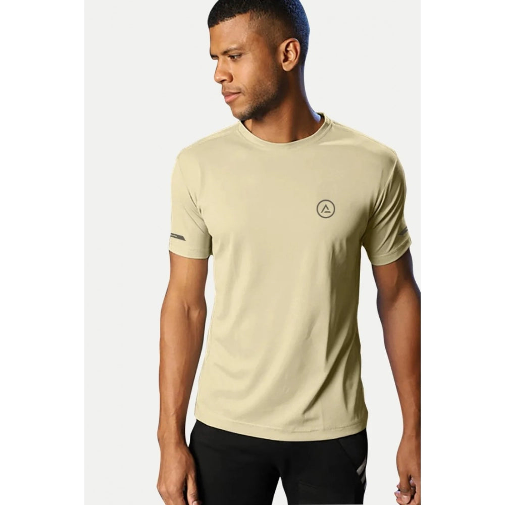 Amfyn Men's Casual Half sleeve Solid Polyester Crew Neck T-shirt (Sand)