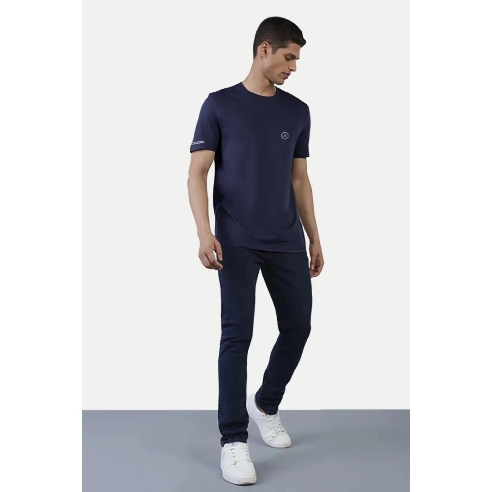 Amfyn Men's Casual Half sleeve Solid Polyester Crew Neck T-shirt (Navy)