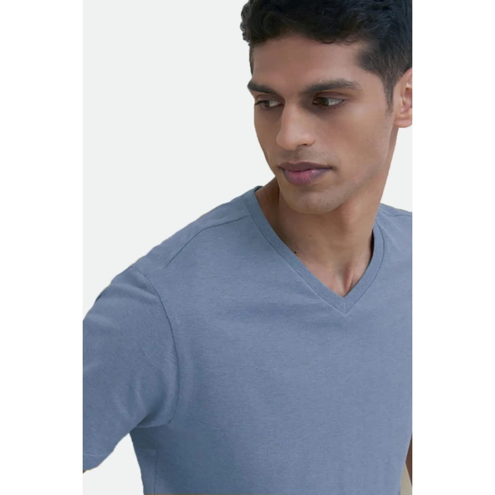 Amfyn Men's Casual Half sleeve Solid Cotton V Neck T-shirt (Blue)