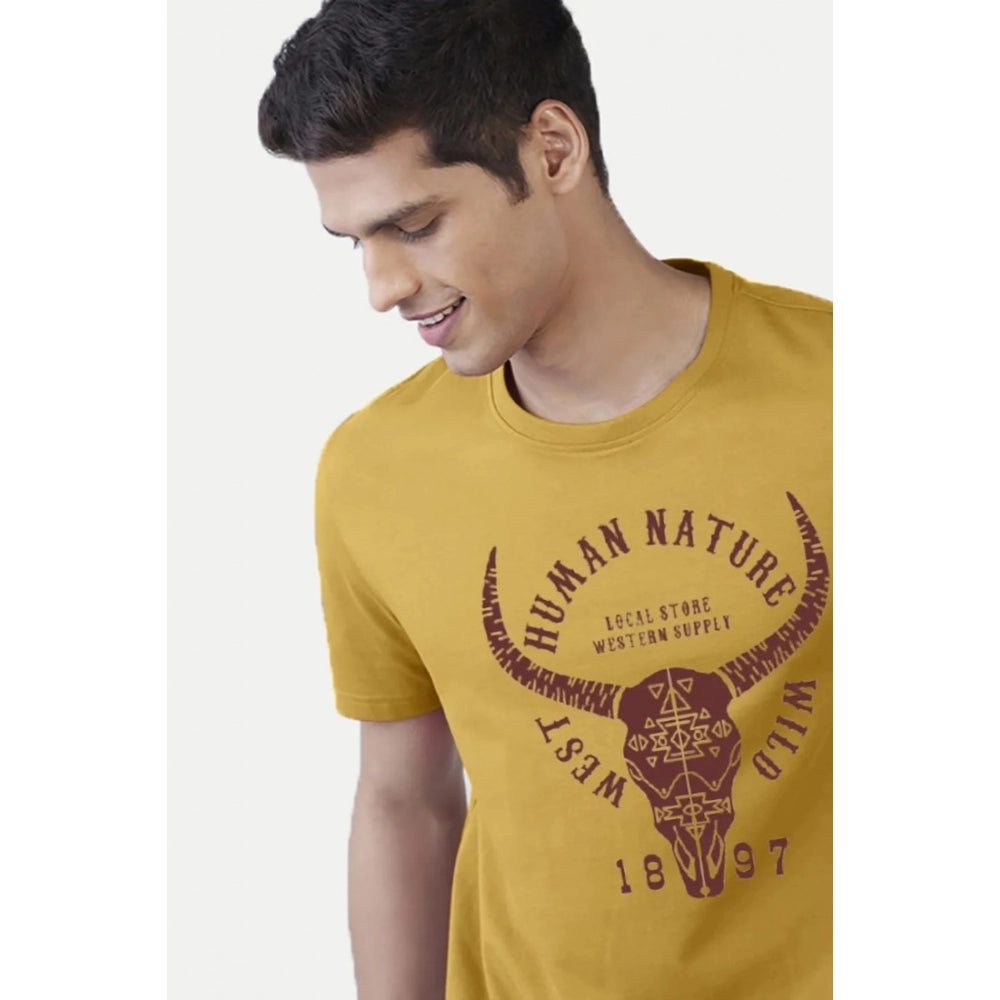 Amfyn Men's Casual Half sleeve Printed Polyester Crew Neck T-shirt (Mustard)