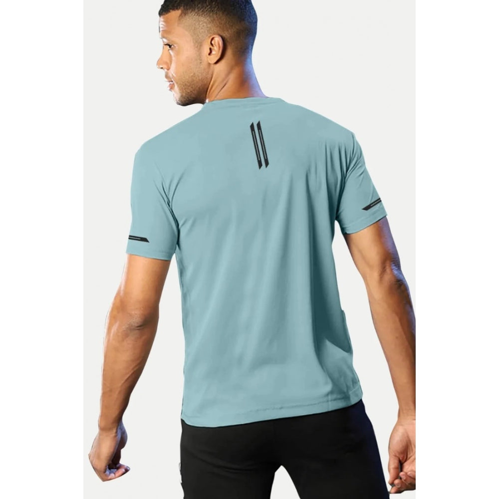 Amfyn Men's Casual Half sleeve Solid Polyester Crew Neck T-shirt (Turquoise Blue)