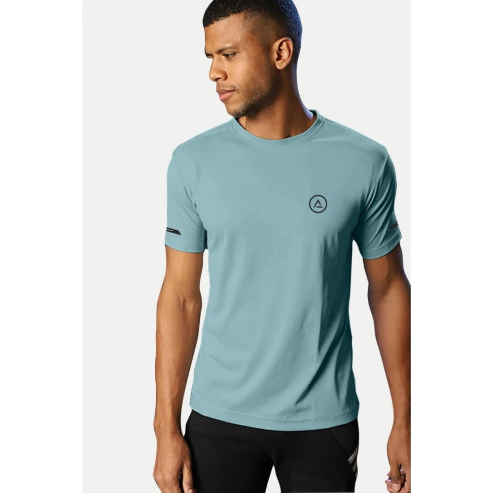 Amfyn Men's Casual Half sleeve Solid Polyester Crew Neck T-shirt (Turquoise Blue)