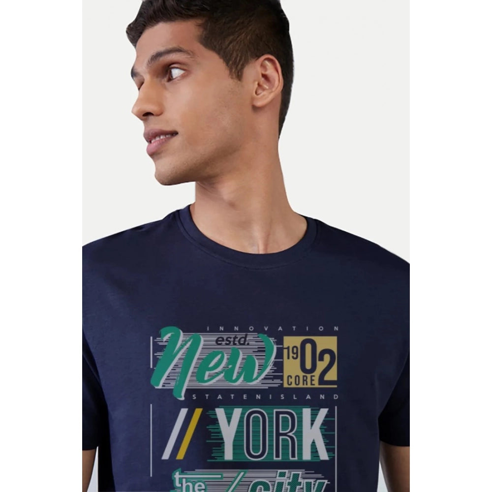 Amfyn Men's Casual Half sleeve Printed Polyester Crew Neck T-shirt (Navy)