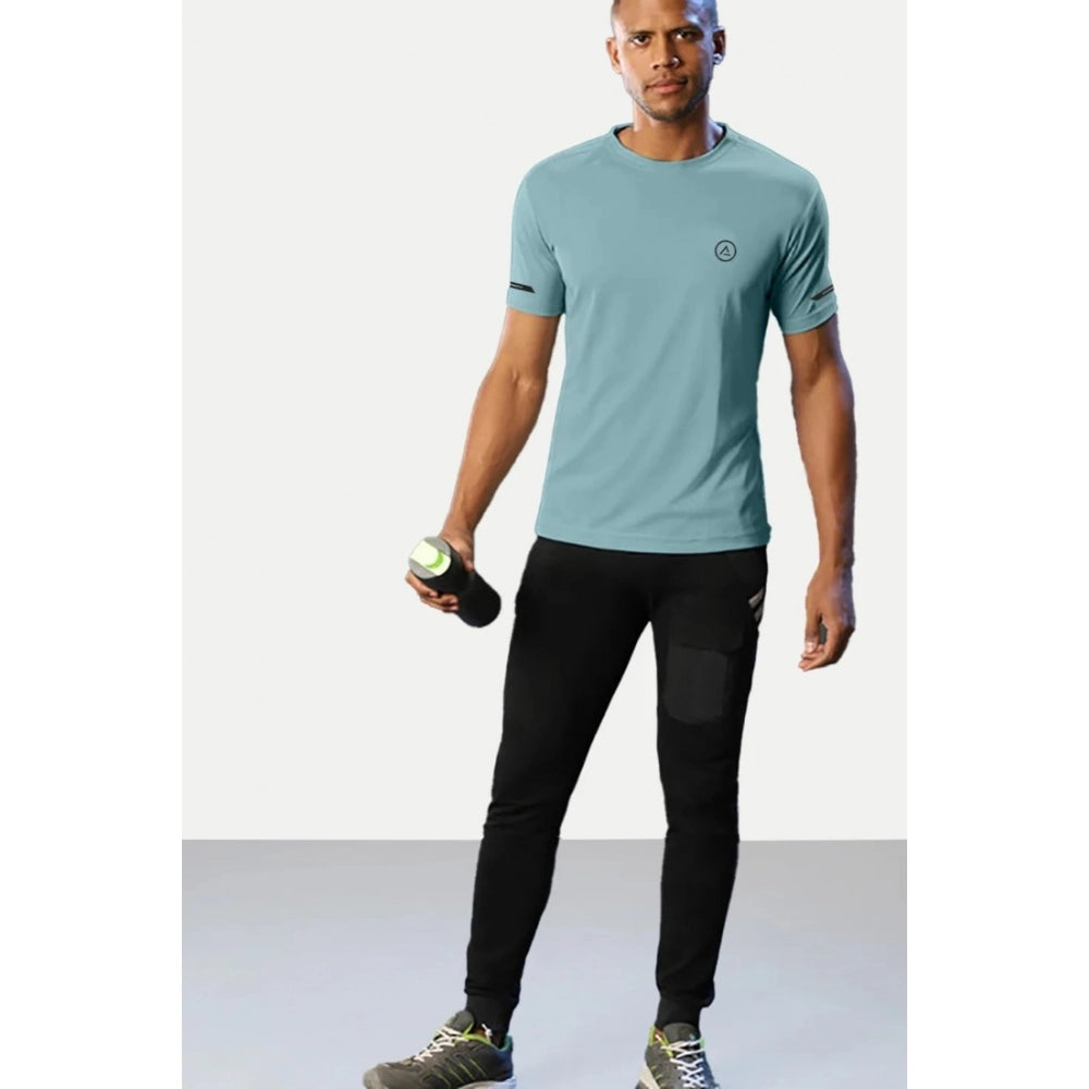 Amfyn Men's Casual Half sleeve Solid Polyester Crew Neck T-shirt (Turquoise Blue)