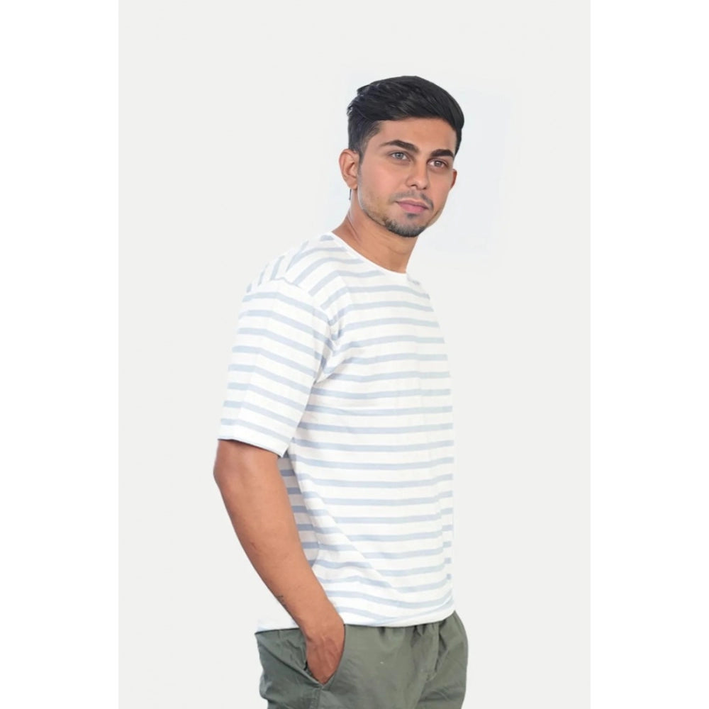 Amfyn Men's Casual Half sleeve Stripped Cotton Crew Neck T-shirt (White)
