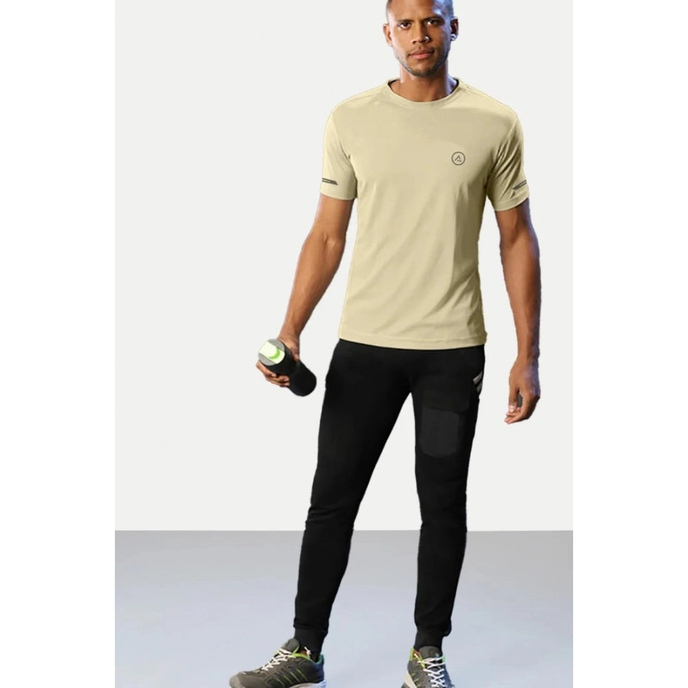 Amfyn Men's Casual Half sleeve Solid Polyester Crew Neck T-shirt (Sand)