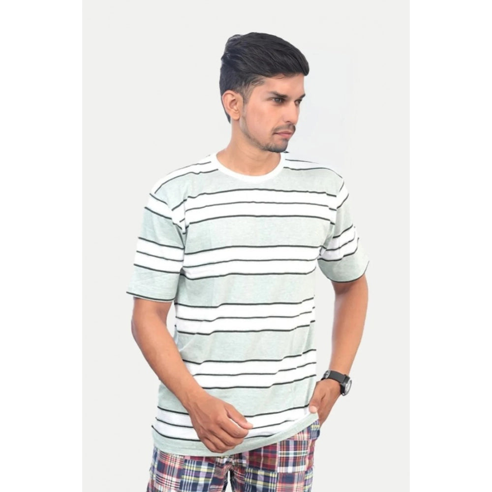 Amfyn Men's Casual Half sleeve Stripped Cotton Crew Neck T-shirt (White )
