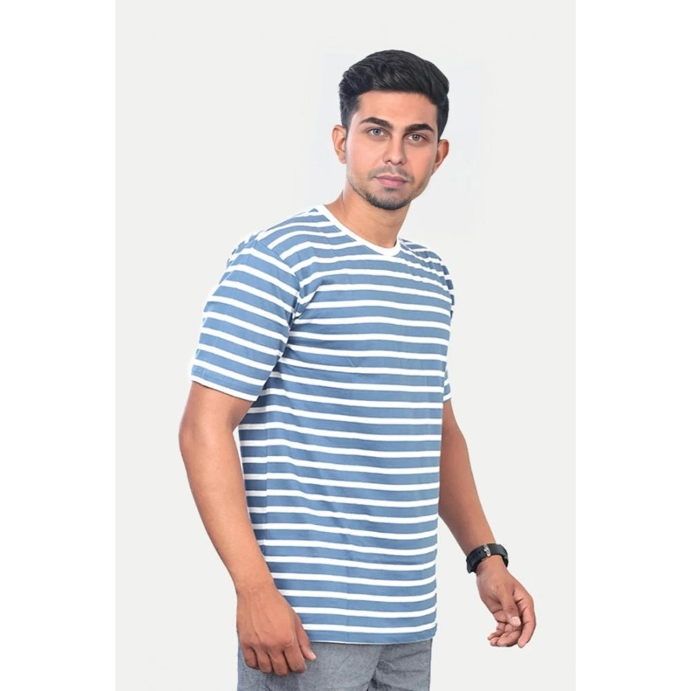 Amfyn Men's Casual Half sleeve Stripped Cotton Crew Neck T-shirt (Blue)