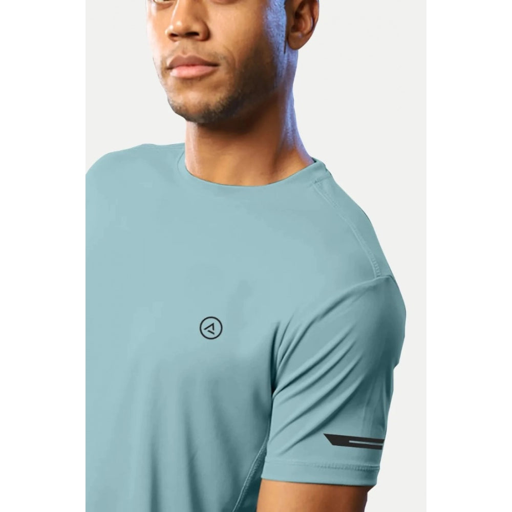 Amfyn Men's Casual Half sleeve Solid Polyester Crew Neck T-shirt (Turquoise Blue)