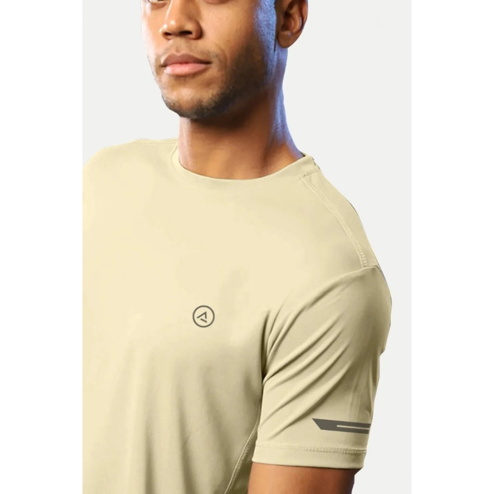 Amfyn Men's Casual Half sleeve Solid Polyester Crew Neck T-shirt (Sand)