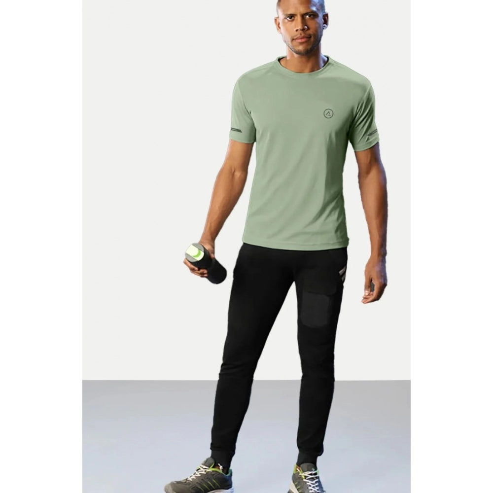 Amfyn Men's Casual Half sleeve Solid Polyester Crew Neck T-shirt (Pista)