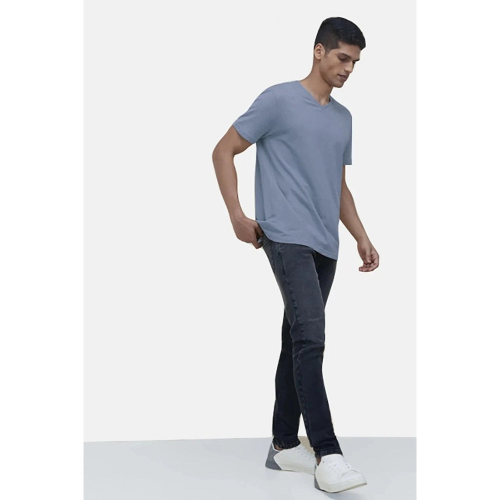 Amfyn Men's Casual Half sleeve Solid Cotton V Neck T-shirt (Blue)