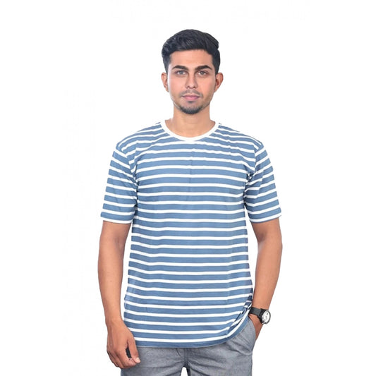 Amfyn Men's Casual Half sleeve Stripped Cotton Crew Neck T-shirt (Blue)