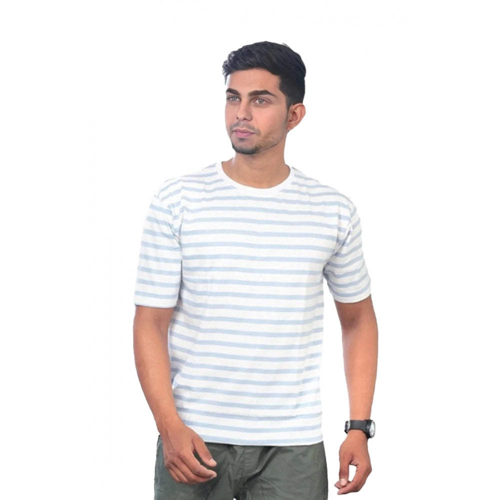 Amfyn Men's Casual Half sleeve Stripped Cotton Crew Neck T-shirt (White)