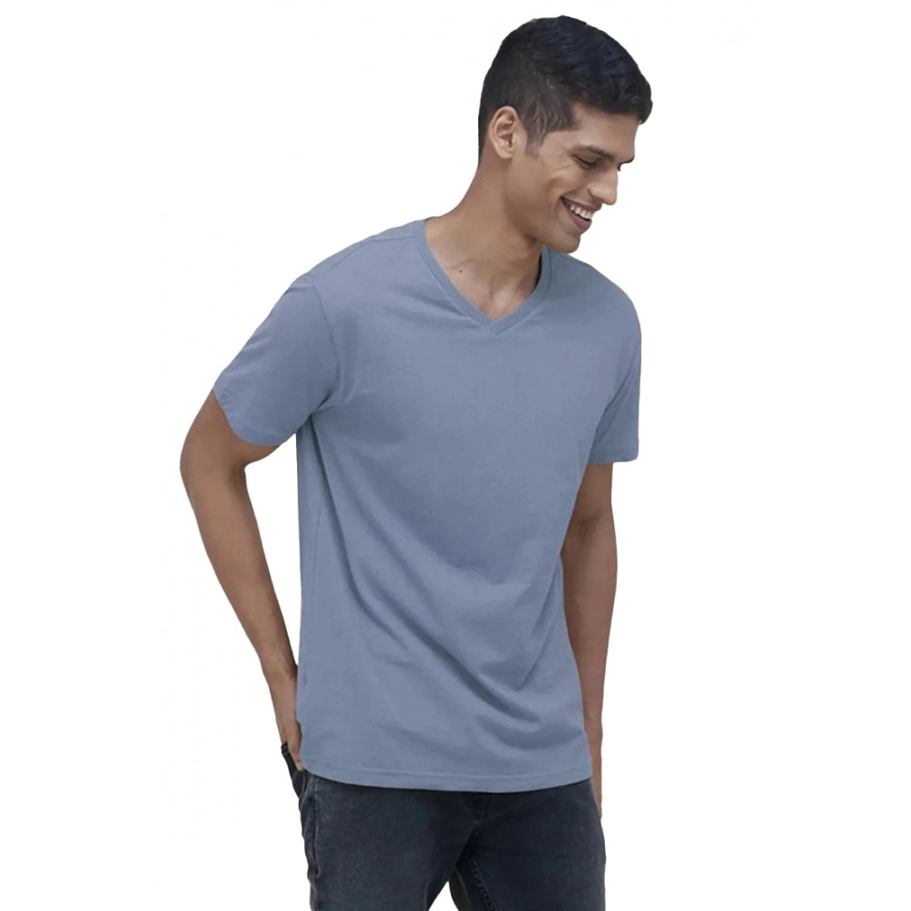 Amfyn Men's Casual Half sleeve Solid Cotton V Neck T-shirt (Blue)