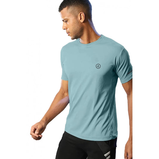 Amfyn Men's Casual Half sleeve Solid Polyester Crew Neck T-shirt (Turquoise Blue)