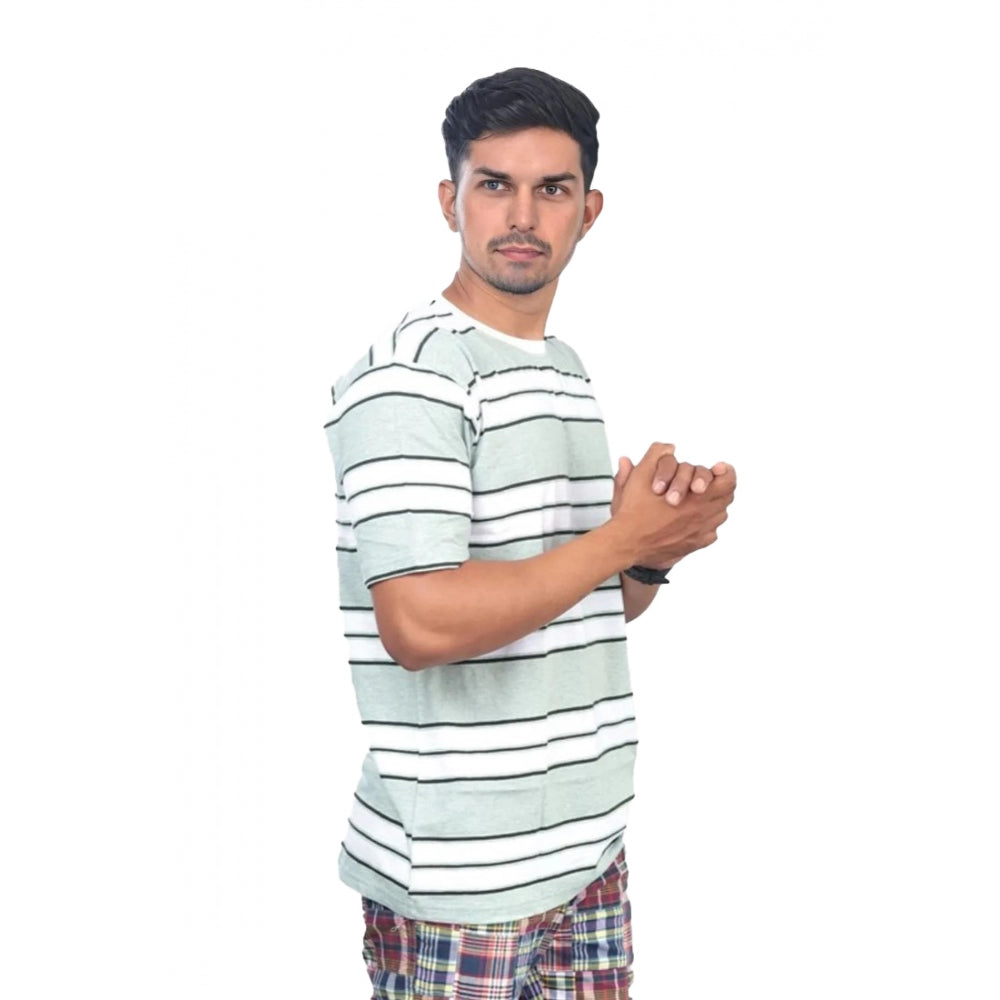 Amfyn Men's Casual Half sleeve Stripped Cotton Crew Neck T-shirt (White )