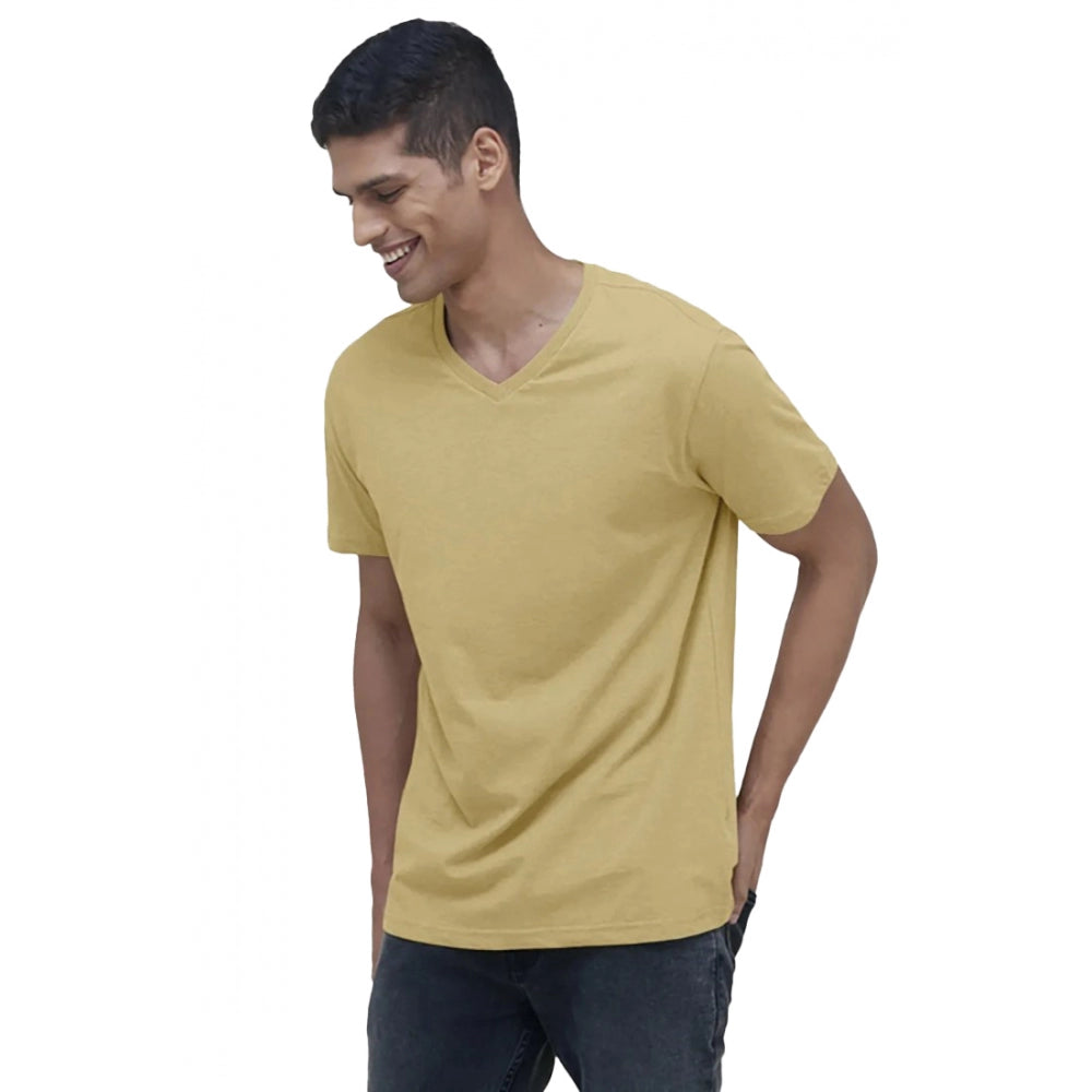 Amfyn Men's Casual Half sleeve Solid Cotton V Neck T-shirt (Sand)