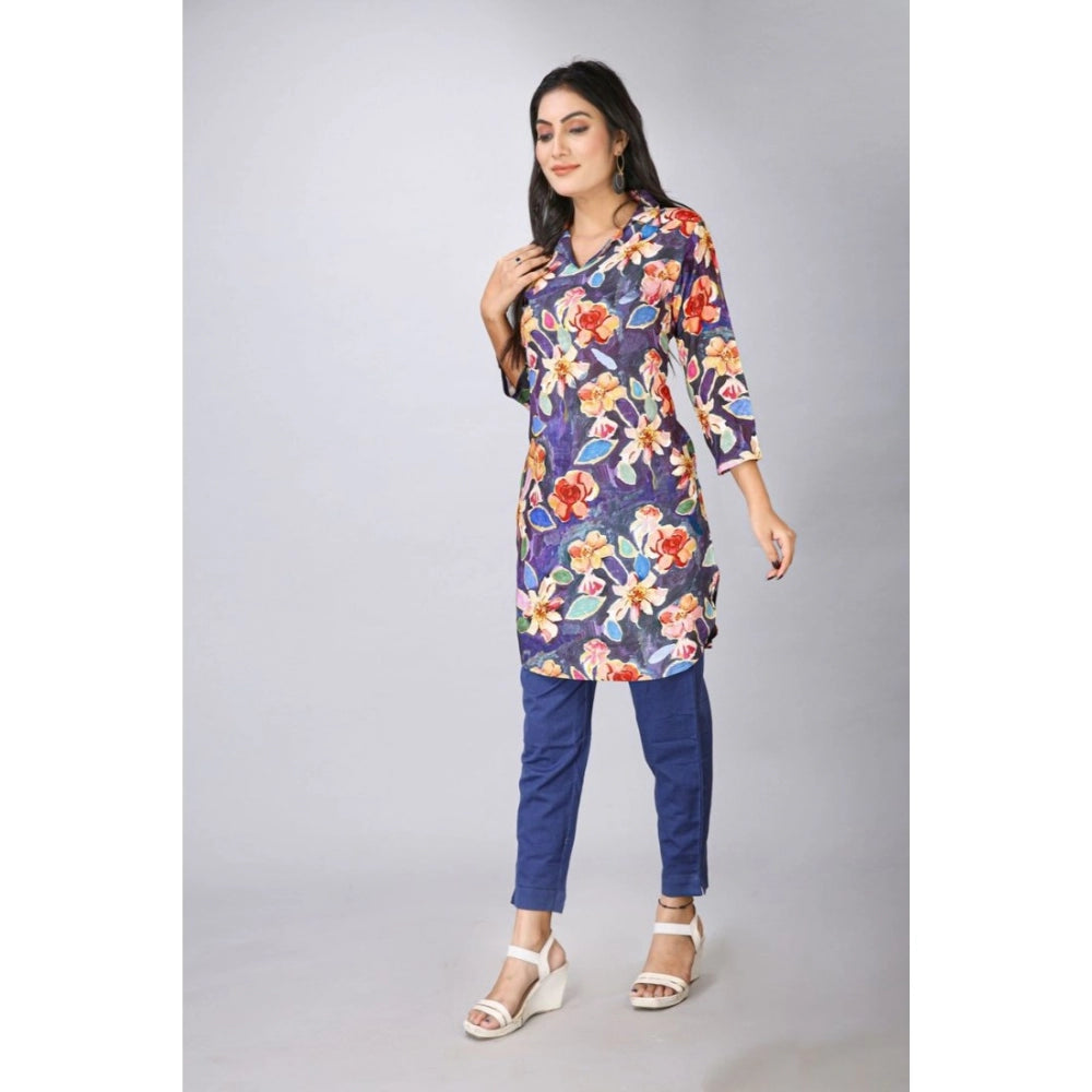 Amfyn Women's Casual 3/4 Sleeve Viscose Rayon Printed Kurti (Blue)