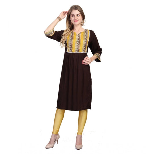 Amfyn Women's Casual 3/4 Sleeve Viscose Rayon Printed Kurti (Brown)