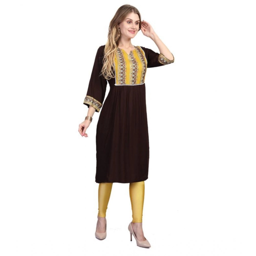 Amfyn Women's Casual 3/4 Sleeve Viscose Rayon Printed Kurti (Brown)