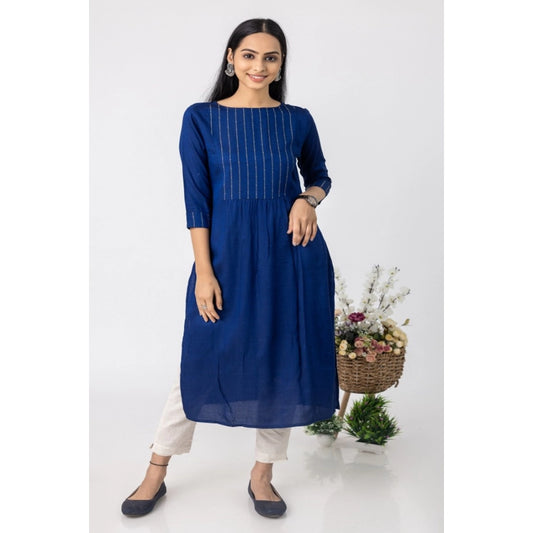 Amfyn Women's Casual 3/4 Sleeve Tussar Silk Printed Kurti (Blue)