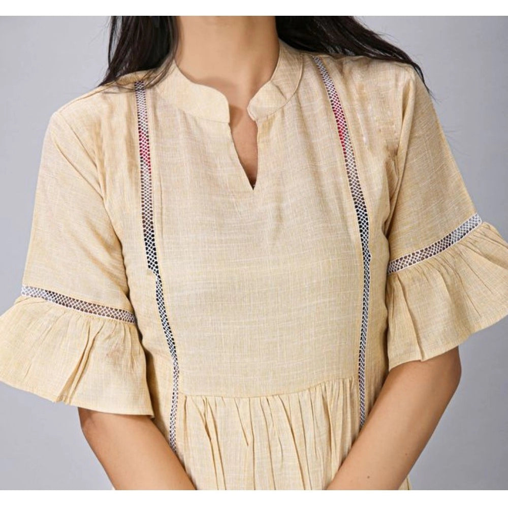 Amfyn Women's Casual Short Sleeve Silk Blend Printed Kurti (Beige)