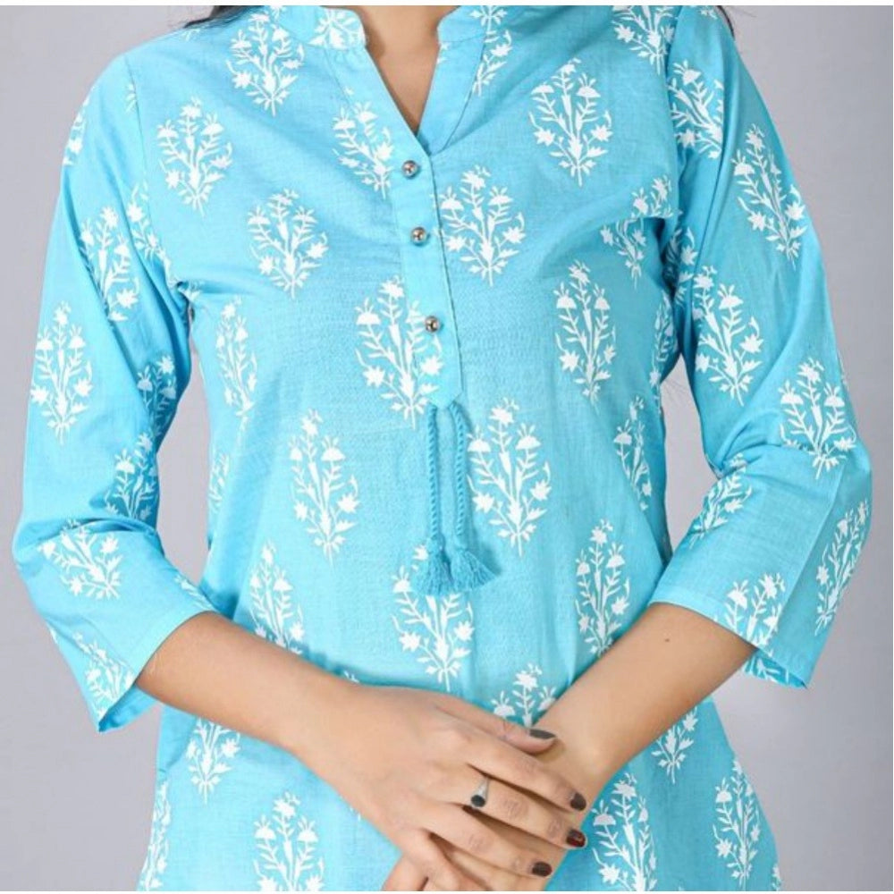 Amfyn Women's Casual 3/4 Sleeve Cotton Blend Printed Kurti (Light Blue)