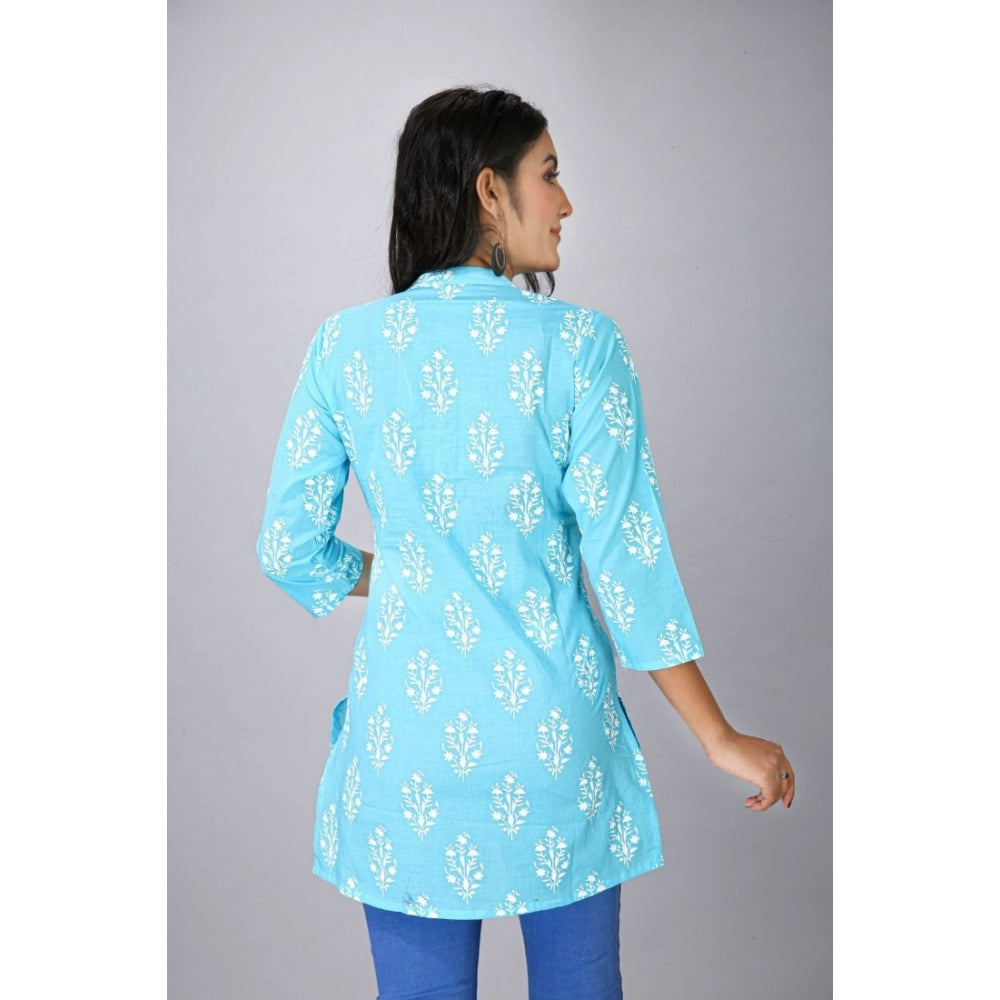 Amfyn Women's Casual 3/4 Sleeve Cotton Blend Printed Kurti (Light Blue)