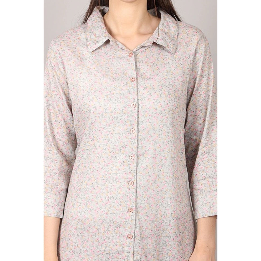 Amfyn Women's Casual 3/4 Sleeve Cotton Blend Printed Kurti (Grey)