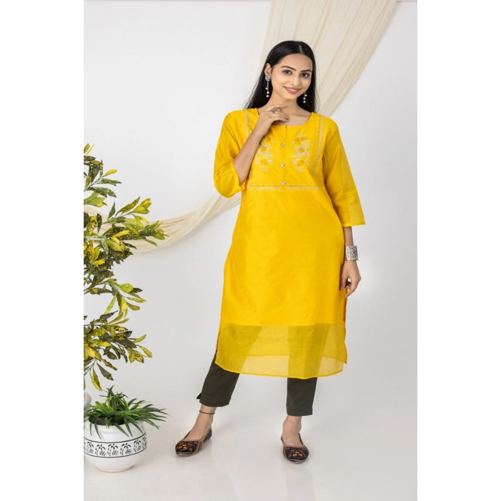 Amfyn Women's Casual 3/4 Sleeve Chanderi Printed Kurti (Yellow)