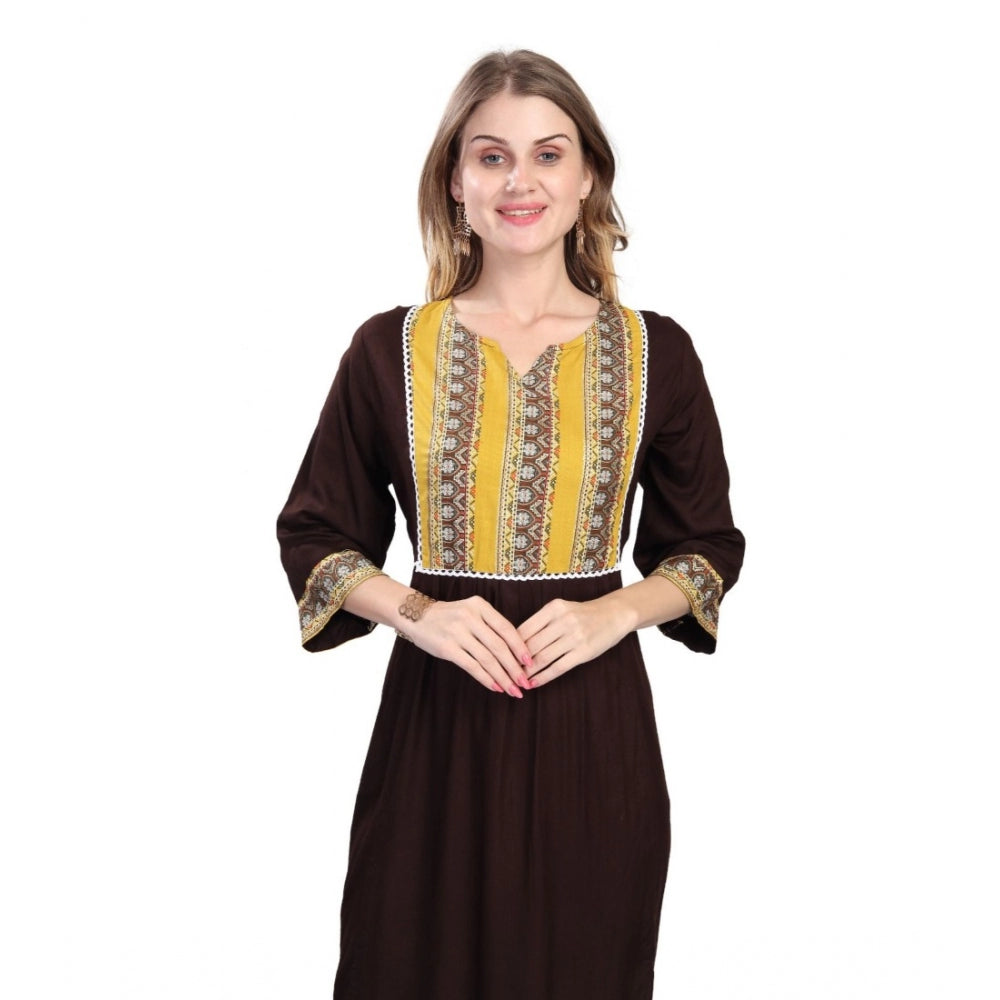 Amfyn Women's Casual 3/4 Sleeve Viscose Rayon Printed Kurti (Brown)