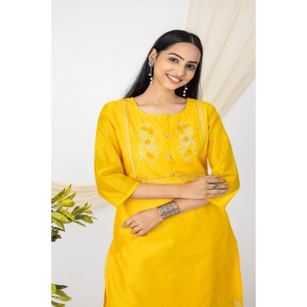 Amfyn Women's Casual 3/4 Sleeve Chanderi Printed Kurti (Yellow)
