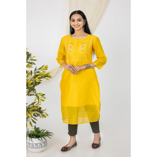 Amfyn Women's Casual 3/4 Sleeve Chanderi Printed Kurti (Yellow)