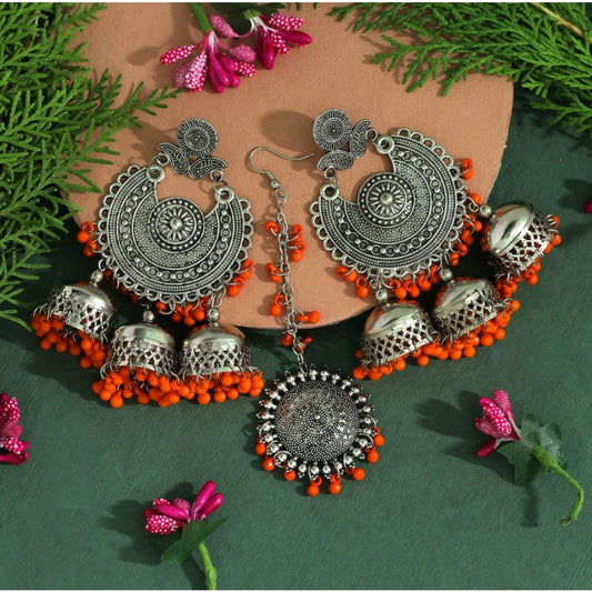 Fashion Women's Orange Color Oxidised Earrings Tikka Set