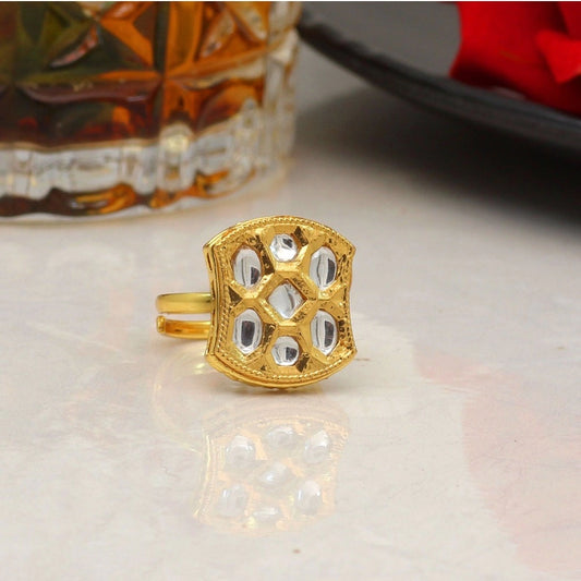 Fashion Women's White Color Kundan Ring For Women Adjustable Ring