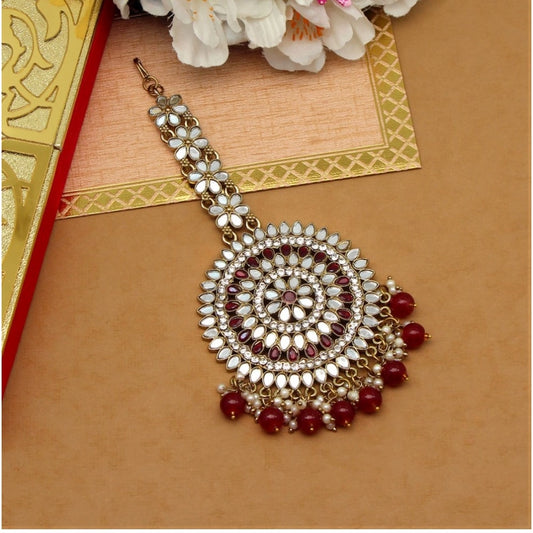 Fashion Women's Maroon Color Mirror Work Maang Tikka