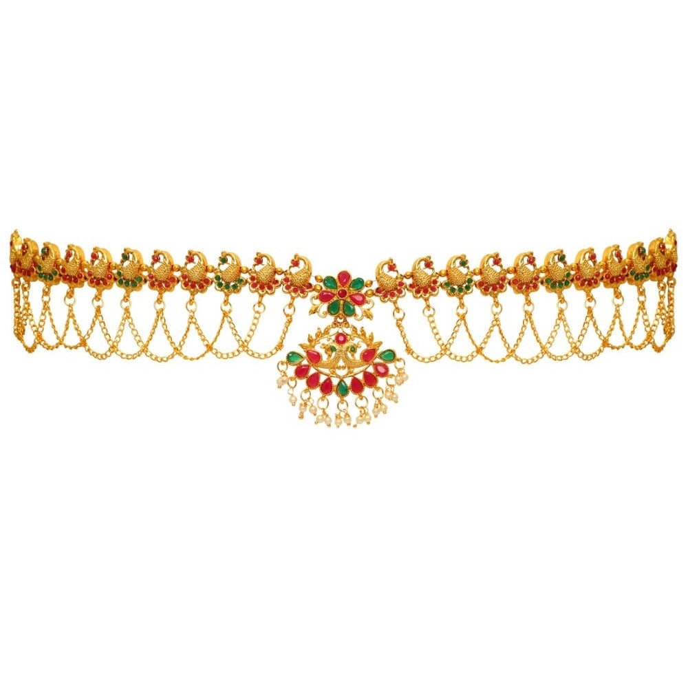 Fashion Women's Maroon &amp; Green Color Glass Stone Kamarband Adjustable Chain