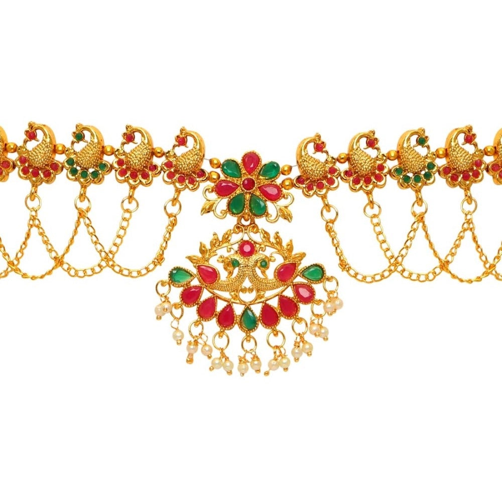 Fashion Women's Maroon &amp; Green Color Glass Stone Kamarband Adjustable Chain