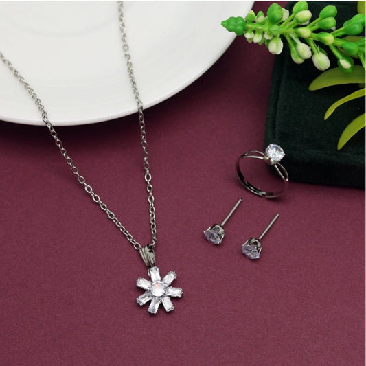 Fashion Women's Silver Color Stone Locket Pendant Set Adjustable Ring