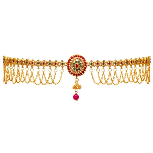 Fashion Women's Maroon &amp; Green Color Glass Stone Kamarband Adjustable Chain