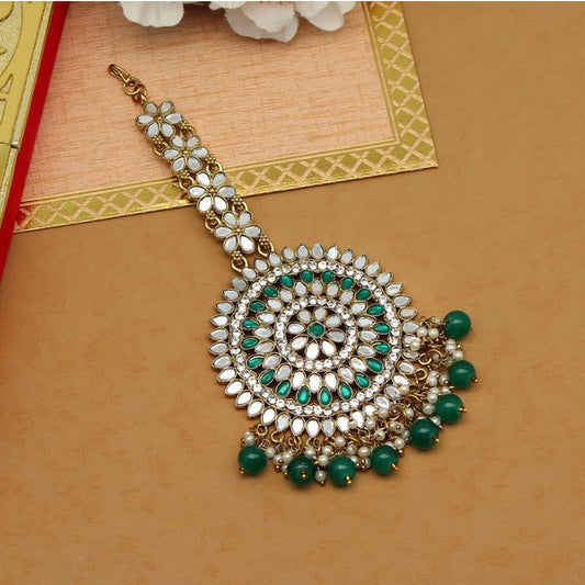 Fashion Women's Green Color Mirror Work Maang Tikka