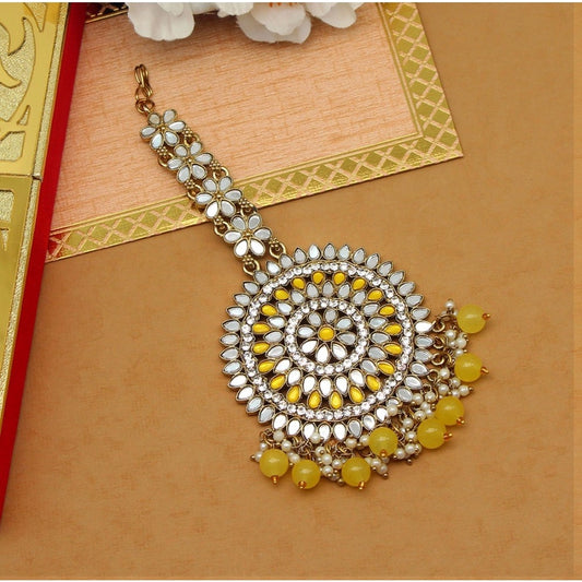 Fashion Women's Yellow Color Mirror Work Maang Tikka