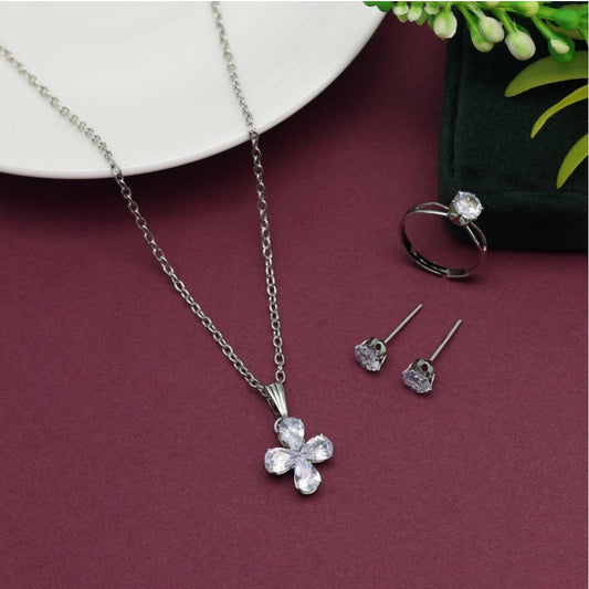 Fashion Women's Silver Color Stone Locket Pendant Set Adjustable Ring